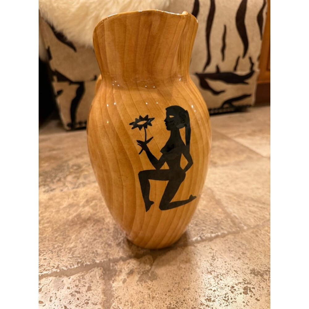 Vintage Mid-Century Grandjean-Jourdan Ceramic Pitcher With Egyptian Motif & Hand